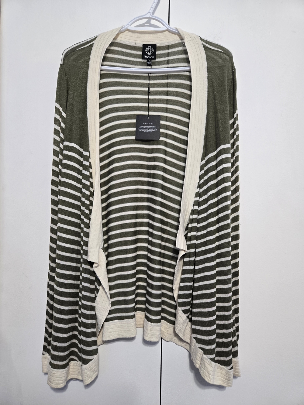 NWT Bobeau Olive Stripe Open Front Cardigan Large Rayon Waterfall Sweater
